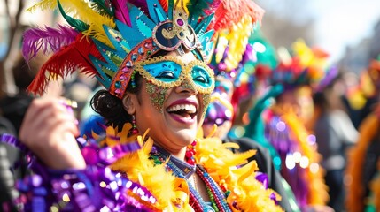 Fototapeta premium People celebrating a lively Mardi Gras parade, with colorful costumes, masks, and floats