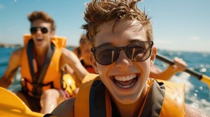Group of friends joyfully kayaking in the sea under bright blue skies, wearing life jackets and sunglasses, embodying the spirit of adventure and fun in the open waters.