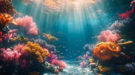 Obraz premium A majestic underwater coral reef with beams of sunlight penetrating the crystal-clear water, creating a mesmerizing and tranquil atmosphere.