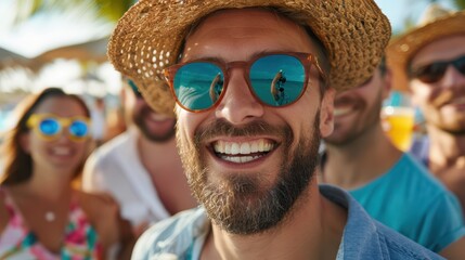 Friends taking a selfie with summer vibes, wearing hats and sunglasses that reflect the beautiful beach and ocean, capturing the essence of fun and relaxation.