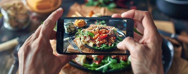 Closeup of hands holding a smartphone capturing a gourmet dish, stylish and appetizing, food photography concept