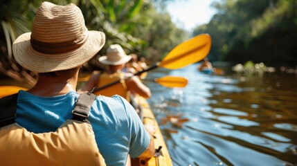 A close-up view of a group of people kayaking down a tranquil river surrounded by lush greenery, featuring yellow paddles and a sense of adventure and camaraderie.