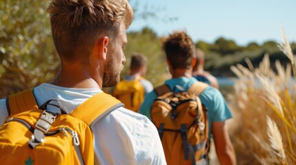 A group of hikers with backpacks are walking through a scenic outdoor path surrounded by vegetation, enjoying companionship and an adventurous day in a natural setting.