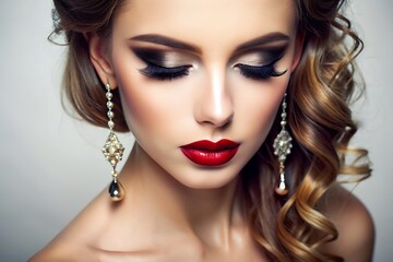 Fototapeta premium Beautiful Woman with Dramatic Makeup and Long Curly Hair.