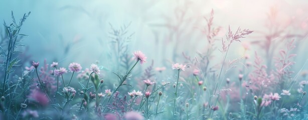 An idyllic meadow scene created by dewy grasses, soft morning light, fresh blooms, and gentle breezes at dawn, creating a peaceful and scenic setting.