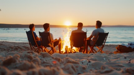 A group of friends relaxes around a cozy beach fire at dusk, enjoying the quiet moment together by the sea, with the sky painted in beautiful evening hues.