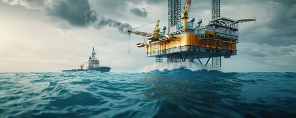 an oil refinery in the middle of the ocean with a cloudy sky in the background