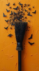 A black broomstick with small black spiders and bats coming out from the tip of the broomstick. Halloween theme on an orange bright background.
