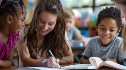 Volunteers tutoring children at an after-school program, helping with homework and reading skills
