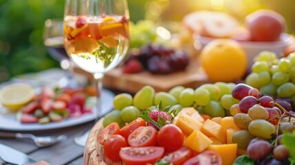 A close-up image of a fresh fruit platter set outdoors, showcasing an array of vibrant, colorful fruits that evoke freshness, health, and the enjoyment of a beautiful day in nature.