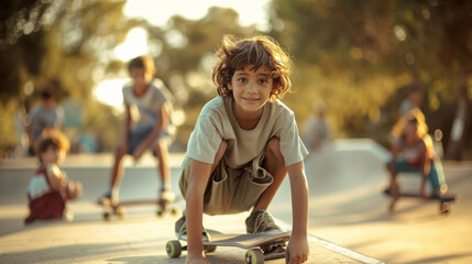 Young Boy Skating at Sunset in Bustling Skate Park. Generative ai