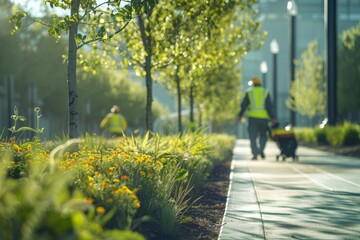 Janitorial workers maintaining outdoor green space along walkway with blooming flowers and trees, commitment enhancing airport environment, creating pleasant, welcoming atmosphere for travelers.