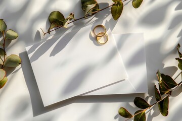 Elegant wedding invitation with gold rings, blank cards, and greenery, perfect for nature-themed weddings. Generated AI