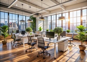 Natural light floods modern open plan office interior workspace with sleek desks, ergonomic chairs, and minimalist decor, surrounded by floor-to-ceiling windows and wooden floors.