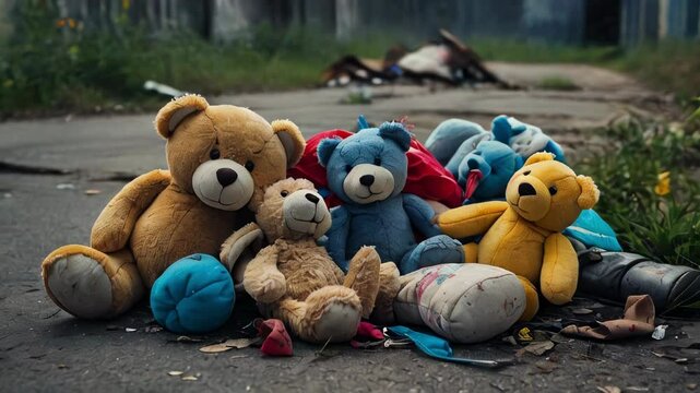 Old and battered soft toys lie on the street. The dump of the abandoned toys
