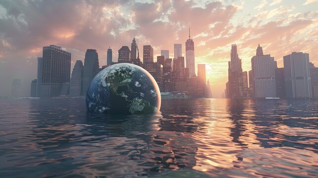 Earth Globe Flooded City Skyline Sunset Reflection Environmental Impact Climate Change. Generative ai