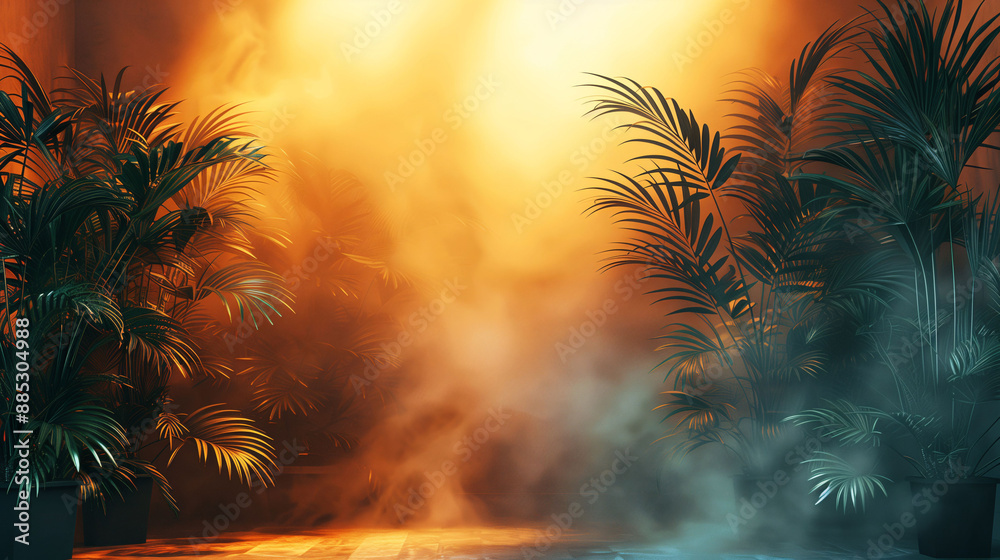 Wall mural Foggy room with lush palm plants and golden light