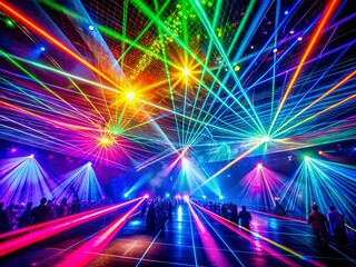 Vibrant laser beams crisscross amidst swirling bokeh patterns, set against a starry night sky, evoking a futuristic club atmosphere with a dynamic, lowered vanishing point perspective.