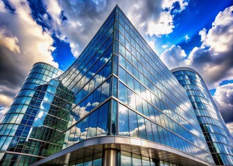 Fototapeta premium Sleek glass and steel modern bank building with curved lines and angular edges, set against a bright blue sky with fluffy white clouds.