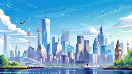 Obraz premium A modern city skyline with iconic landmarks and a clear blue sky