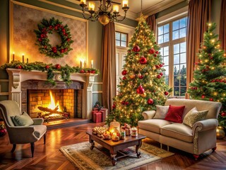 Cozy stylish living room with crackling fireplace features a beautifully decorated Christmas tree surrounded by elegant furnishings and festive holiday decorations.