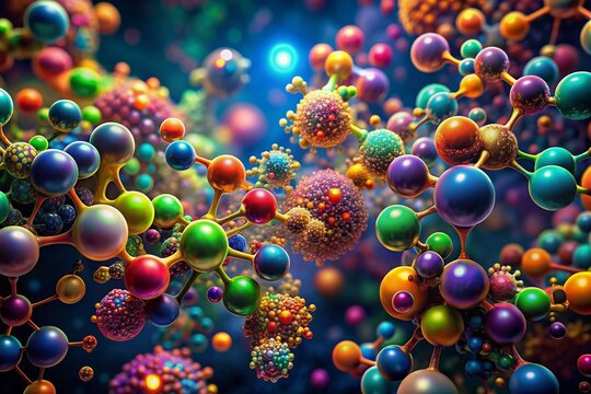 Vibrant, swirling patterns of colorful molecules dance across a dark background, symbolizing the intricate harmony of life's building blocks in a mesmerizing proteomic landscape.
