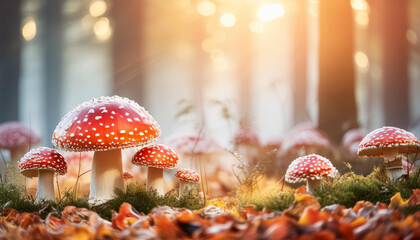 Fototapeta na wymiar Grzyby muchomory w jesiennym lesie, generative ai