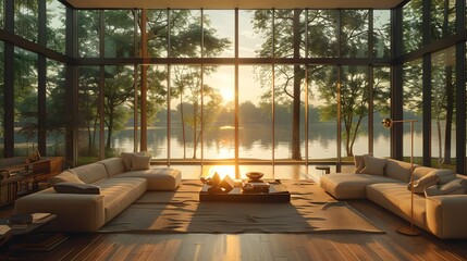 Fototapeta premium Luxurious lakeside living room, floor-to-ceiling windows, golden hour sunlight, warm interior lighting, cozy fireplace glow, dramatic light and shadow interplay, sun rays.