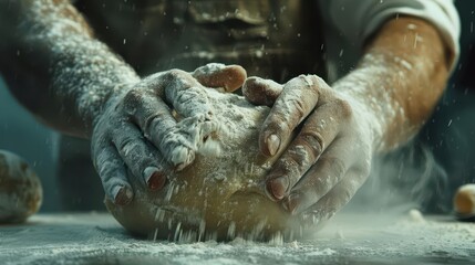 culinary craftsmanship closeup of bakers flourdusted hands kneading dough conveying skill and passion in food preparation rich textures and warm tones