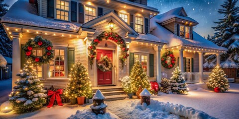 Obraz premium Cozy house exterior elegantly adorned with vibrant garland lights, festive wreaths, and snowflakes, exuding warm holiday cheer, Merry Christmas and Happy New Year ambiance.