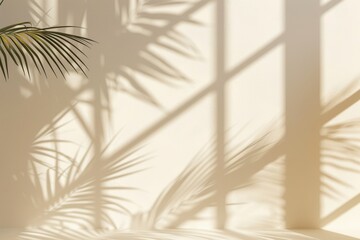 Obraz premium A minimalist abstract light beige background for product presentation with light and shadow from the window and vegetation on the wall.