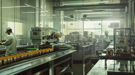 Naklejka premium A modern incense factory with automated machinery and quality control workers inspecting the products