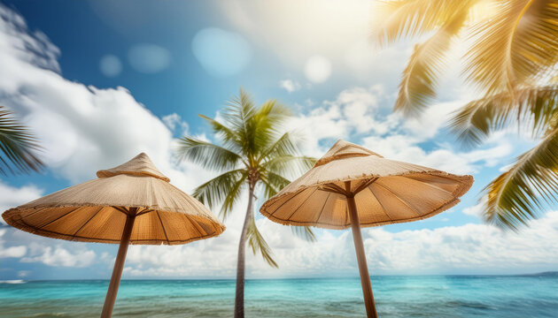 Krajobraz wakacyjny, parasolki na plaży, generative ai