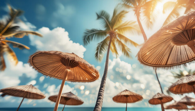 Krajobraz wakacyjny, parasolki na plaży, generative ai