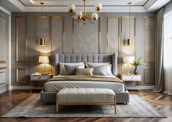 Elegant modern bedroom featuring white wooden accents, gold steel textures, gray furniture, and a stylish bed set, exuding luxurious sophistication and refined tranquility.