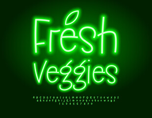 Vector neon advertisement Fresh Veggies. Glowing Green Font. Funny Alphabet Letters and Numbers set.
