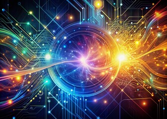 Vibrant digital graphic abstract background featuring swirling lines, circuits, and particles, representing technological processes, neural networks, data storage.