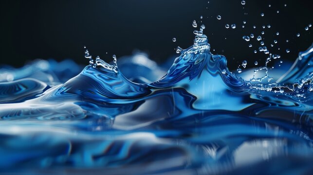 The surface of clear crystal water is smeared with drops and splashes. Blue artesian water, health benefits of water, abstract hydration background.