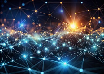 Abstract dark background with intricate 3D rendered connecting dots and lines visualizing dynamic data flows, networks and connections in a futuristic technological landscape.