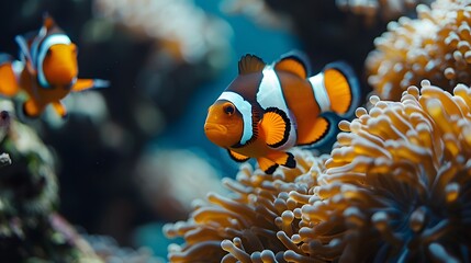 Multiple vibrant clownfish swimming among sea anemones, underwater scene, coral reef, vivid orange and white stripes, macro photography, crystal clear water, teal blue background.