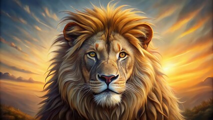 Fototapeta premium Majestic lion illustration with vibrant golden fur, regal mane, and piercing eyes, set against a subtle gradient background, evoking wild African savannah atmosphere.