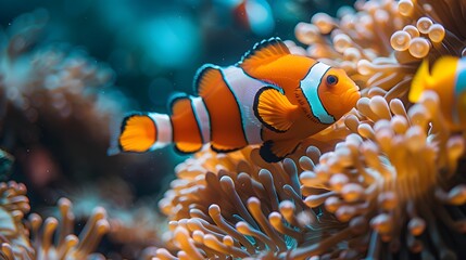 Multiple vibrant clownfish swimming among sea anemones, underwater scene, coral reef, vivid orange and white stripes, macro photography, crystal clear water, teal blue background.