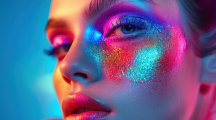 A makeup artist using advanced techniques in a vibrant, attractive setup