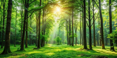 Naklejka premium Serene forest landscape with lush greenery and tall trees, Forest, trees, greenery, nature, landscape, serene