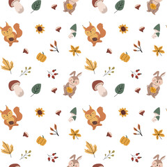 Autumn fall thanksgiving day seamless pattern with leaves, pumkins. Harvest decoration design. Square background with leaves, acorns, nuts. Childrens cute pattern with animals
