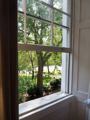 An open sash window looking out onto a lovely park in the summer