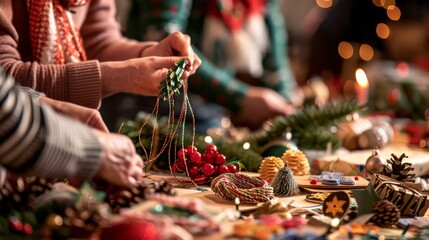 People participating in a festive holiday craft fair, creating and selling handmade gifts and decorations