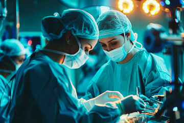 Two surgeons in a brightly lit, high-tech operating room, meticulously performing a surgery with advanced medical equipment and concentrating deeply.