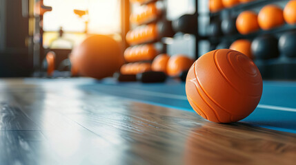 Naklejka premium Close-up view of an orange exercise ball on a gym floor with a blurred background of other gym equipment and weights