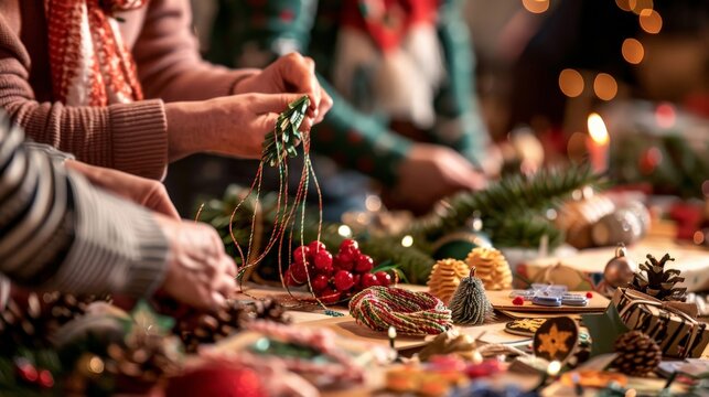 People participating in a festive holiday craft fair, creating and selling handmade gifts and decorations